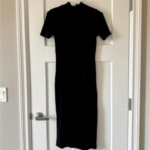 ZARA Black High-neck Midi Ribbed Dress with Short Sleeve